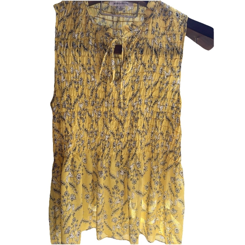 Rose + Olive Medium Women Peplum Blouse  Yellow Floral Sleeveless V-Neck Stretch